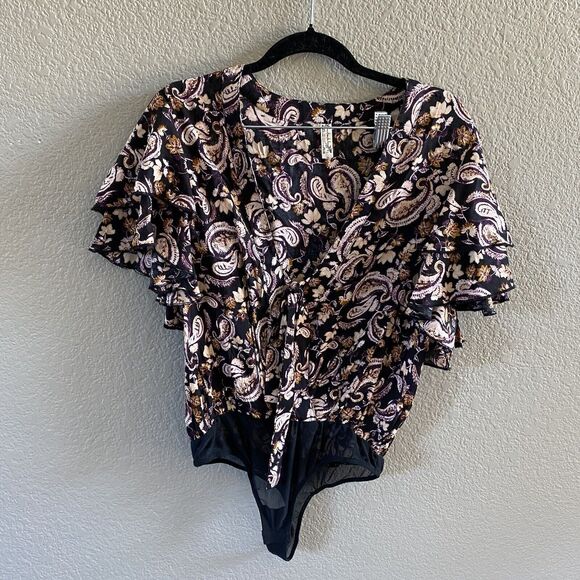 Intimately Free People Bodysuit Womens Small Black Call Me Later Ruffle Floral - Picture 3 of 10